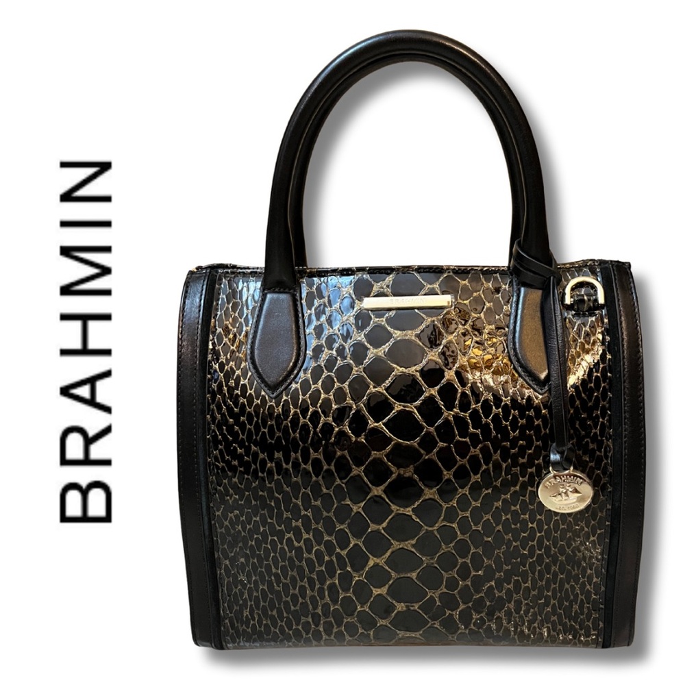 RARE! NWT Brahmin Small Caroline Black Cavatica Leather Gold Handbag Tote